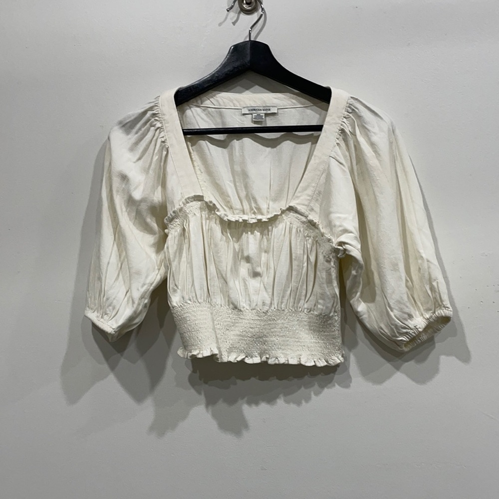American Eagle Cream Cropped Puff Sleeve Top